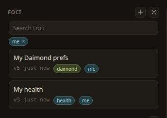 The same rail filtered to the tag me, showing a removable me chip and only My Daimond prefs and My health.