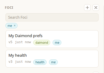 The same rail filtered to the tag me, showing a removable me chip and only My Daimond prefs and My health.