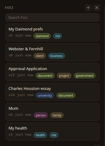 Daimond's rail of diamonds: My Daimond prefs tagged daimond and me, Webster and Fernhill tagged client and business, Approval Application tagged document, project and government, Charles Houston essay tagged university and document, Mum tagged person and family, and My health tagged health and me.