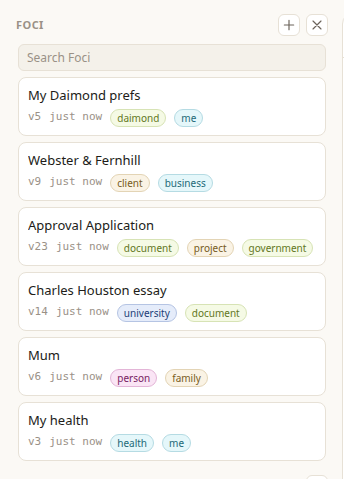 Daimond's rail of diamonds: My Daimond prefs tagged daimond and me, Webster and Fernhill tagged client and business, Approval Application tagged document, project and government, Charles Houston essay tagged university and document, Mum tagged person and family, and My health tagged health and me.